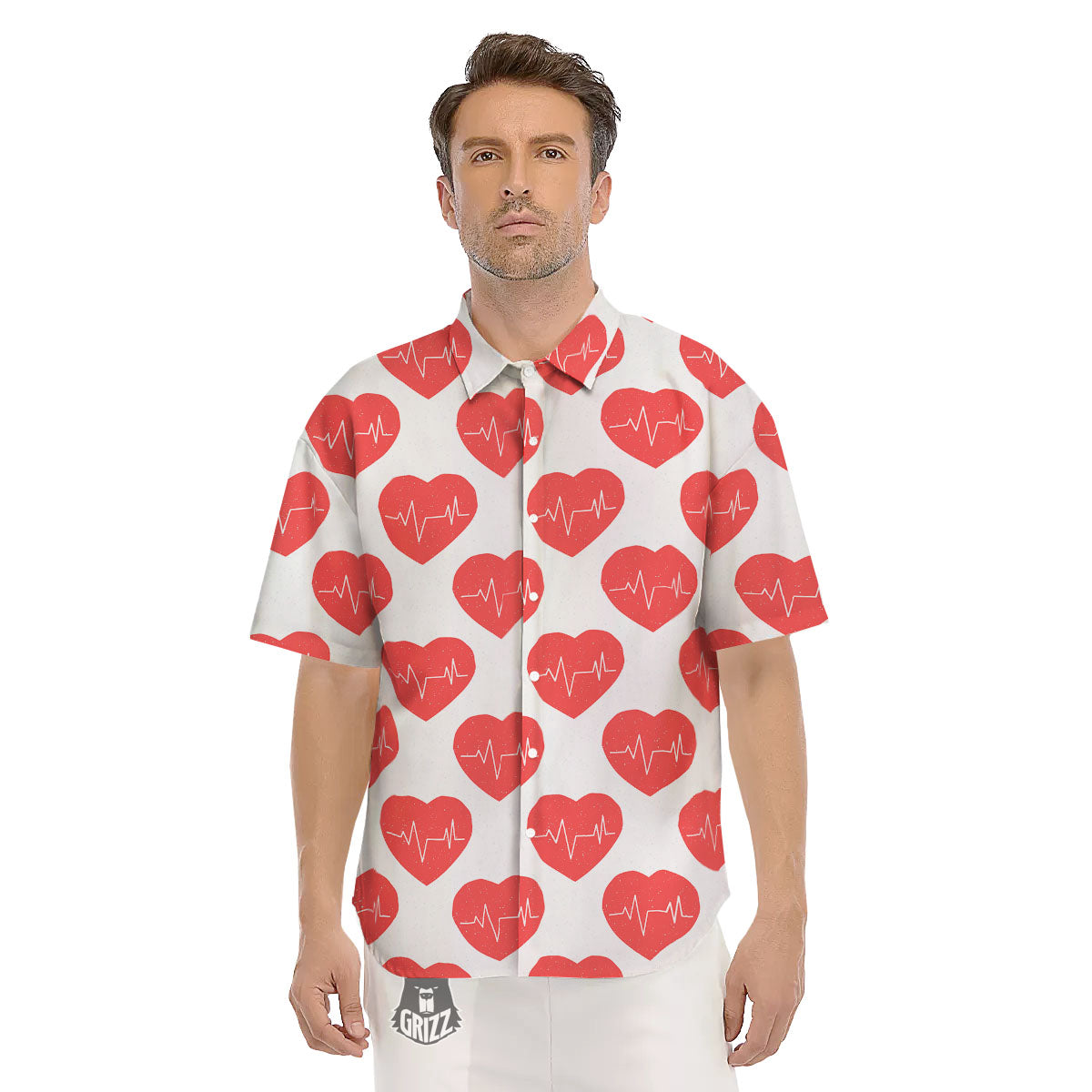Heartbeat Red Print Pattern Men's Short Sleeve Shirts-grizzshop