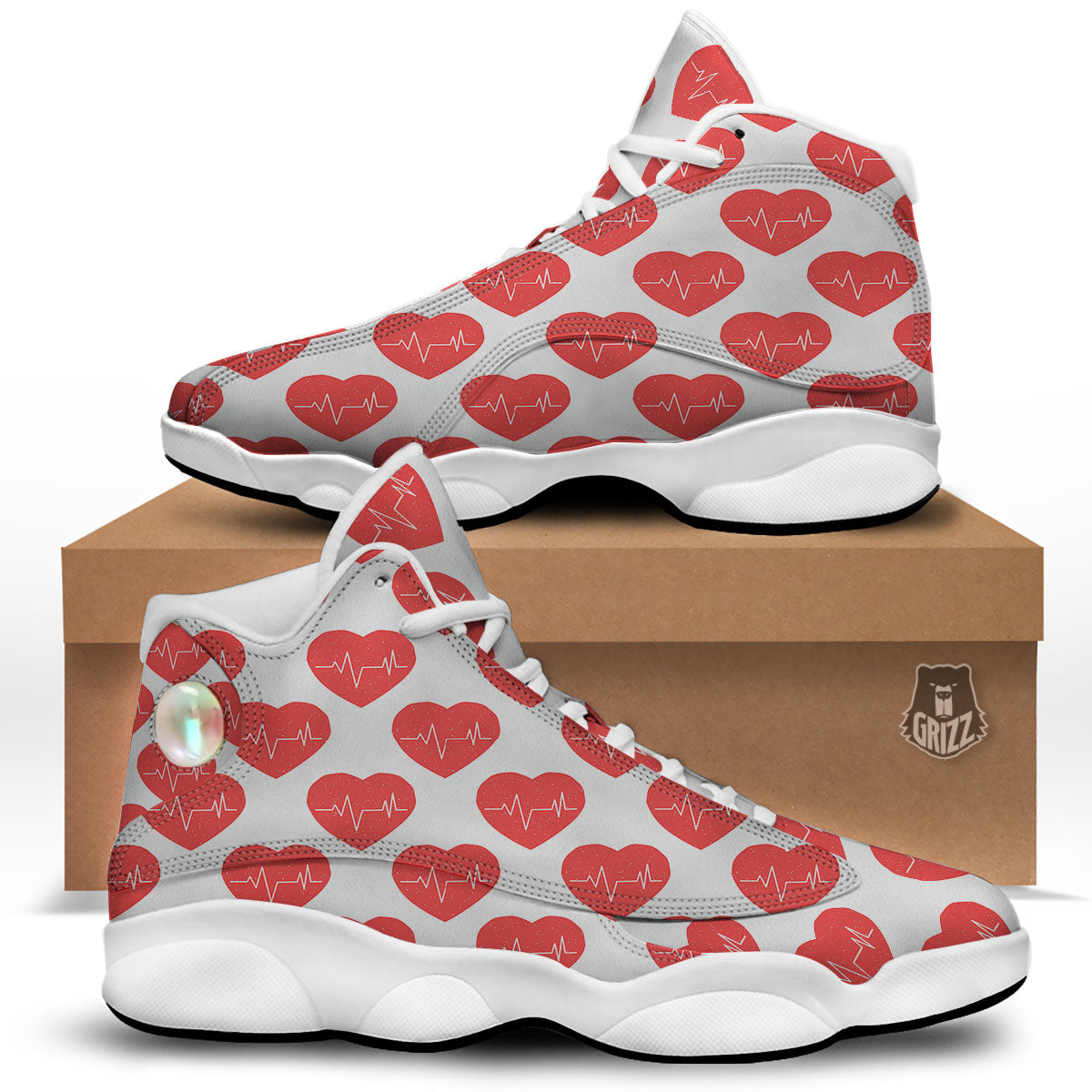 Heartbeat Red Print Pattern White Basketball Shoes-grizzshop