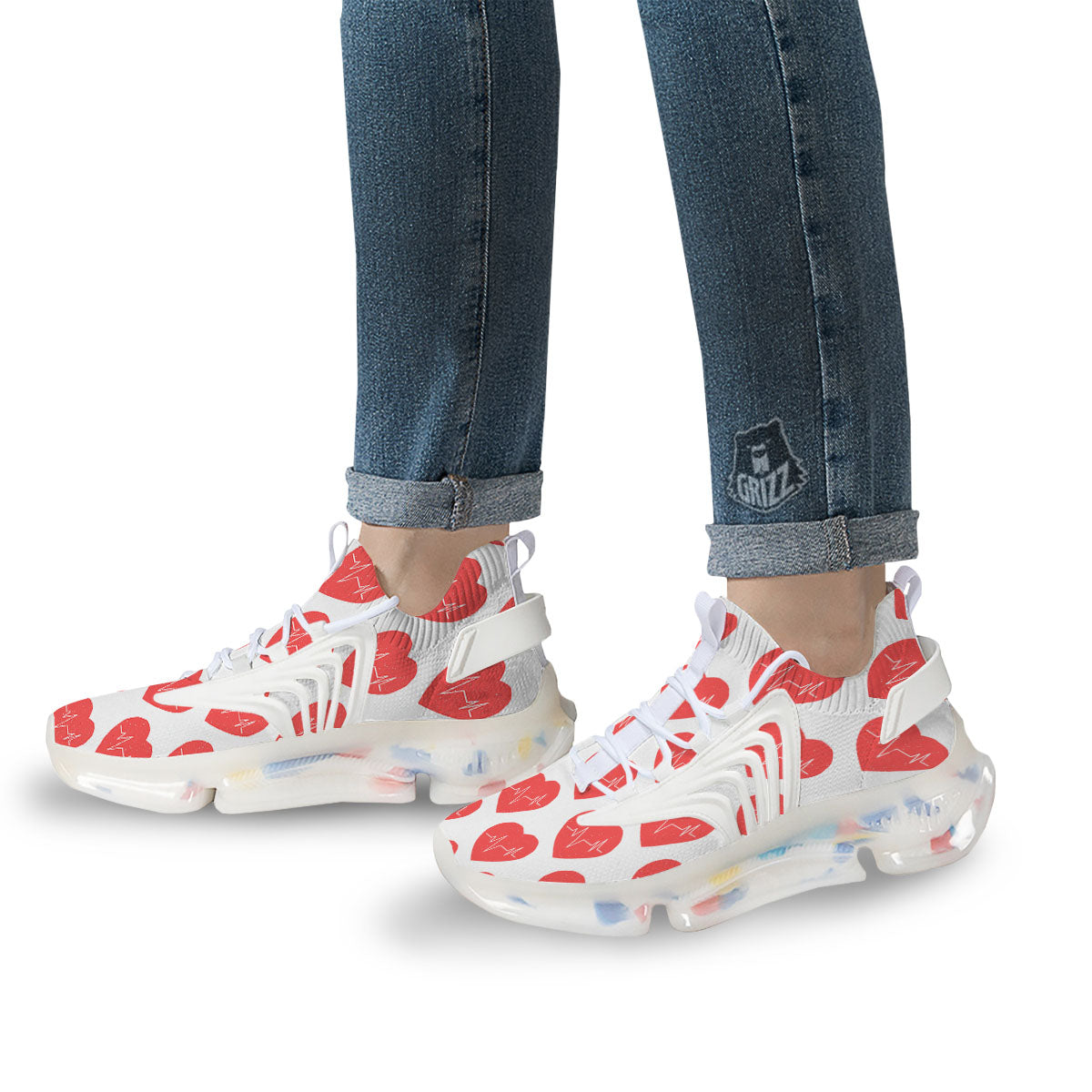 Heartbeat Red Print Pattern White Gym Shoes-grizzshop