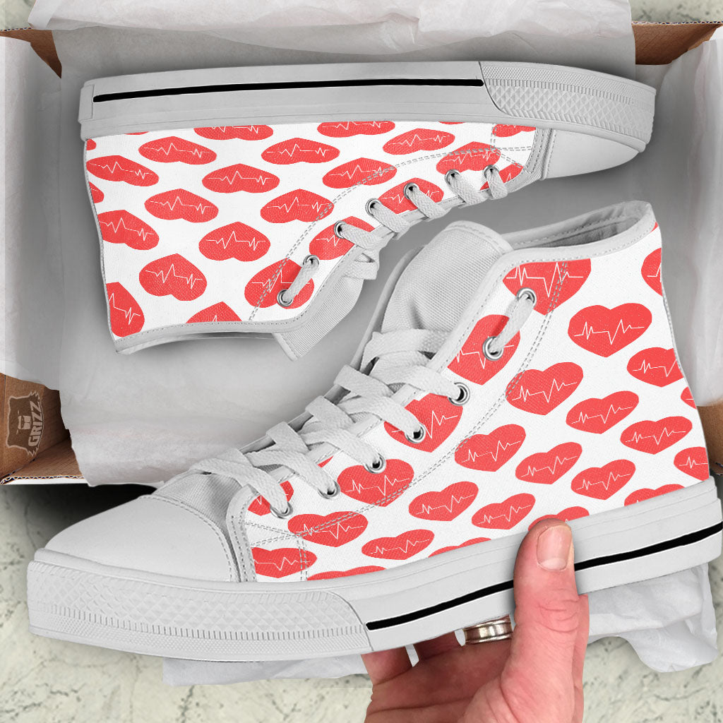 Heartbeat Red Print Pattern White High Top Shoes-grizzshop