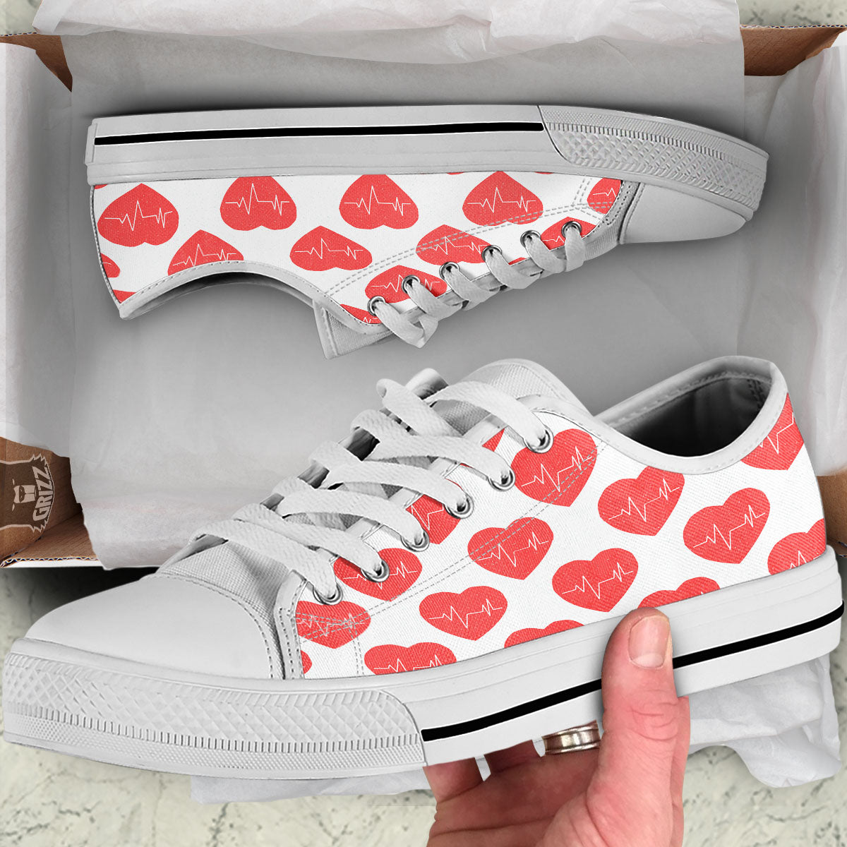 Heartbeat Red Print Pattern White Low Top Shoes-grizzshop