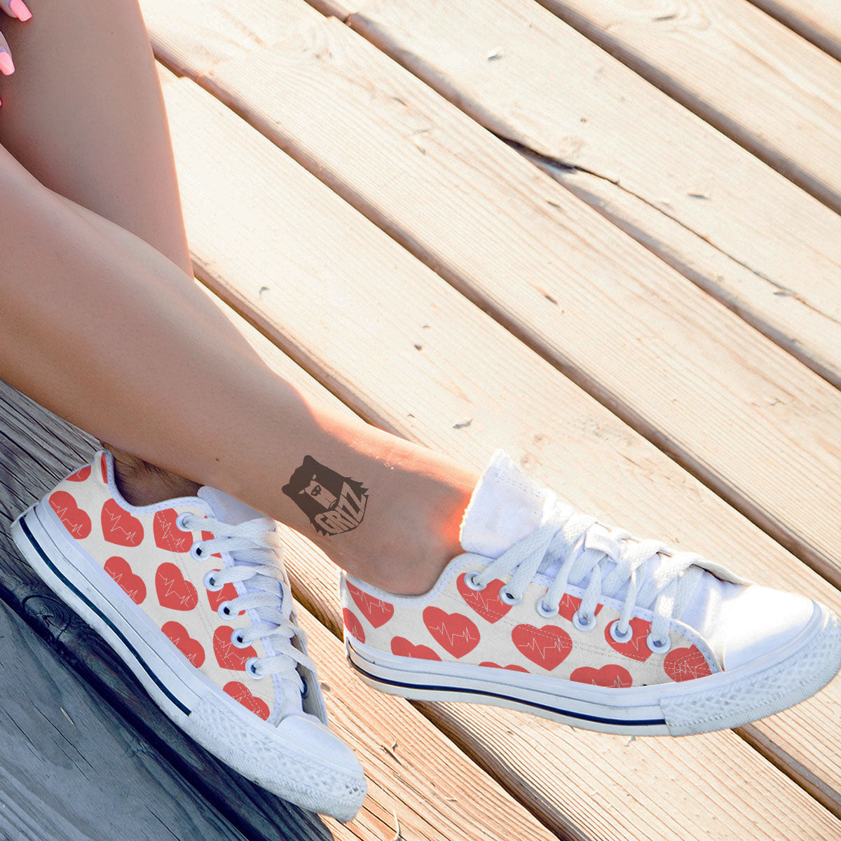 Heartbeat Red Print Pattern White Low Top Shoes-grizzshop