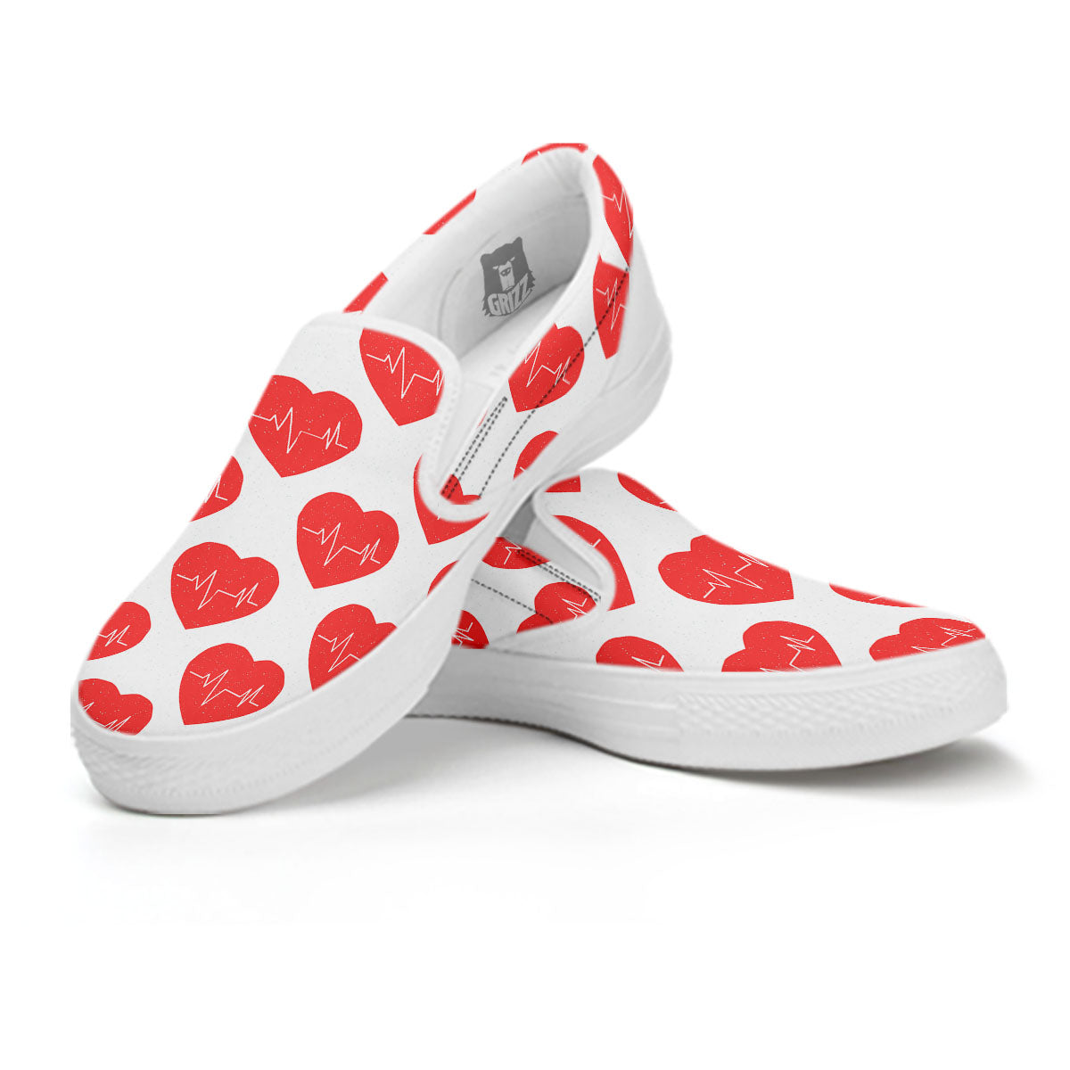 Heartbeat Red Print Pattern White Slip On Shoes-grizzshop