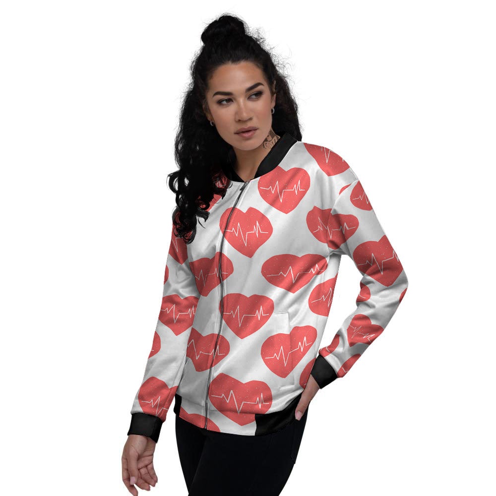 Heartbeat Red Print Pattern Women's Bomber Jacket-grizzshop