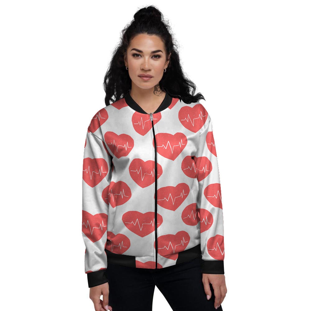 Heartbeat Red Print Pattern Women's Bomber Jacket-grizzshop