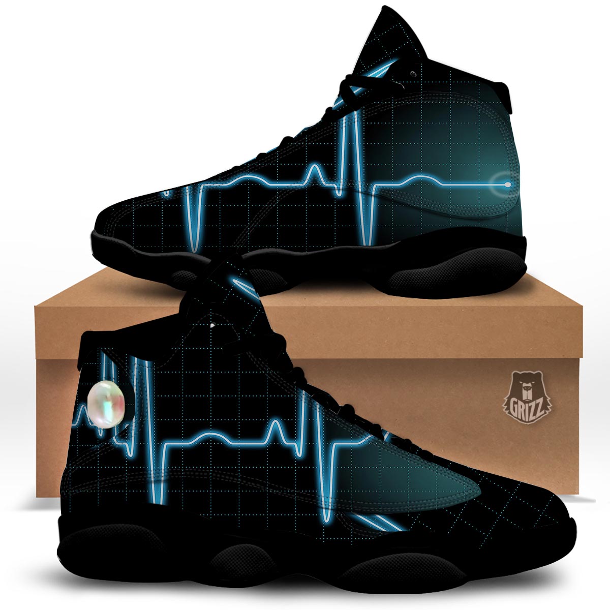 Heartbeat Teal Print Black Basketball Shoes-grizzshop