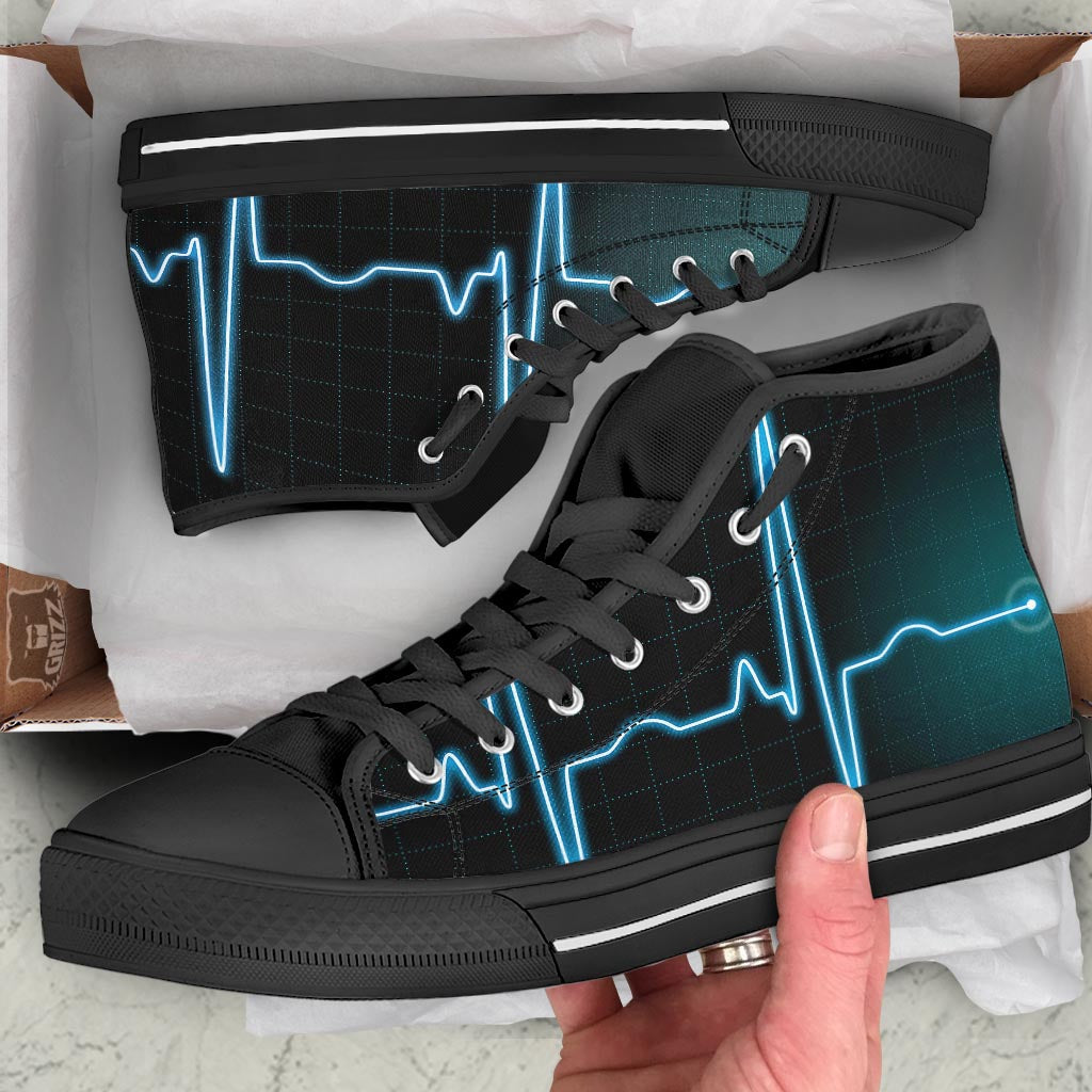 Heartbeat Teal Print Black High Top Shoes-grizzshop