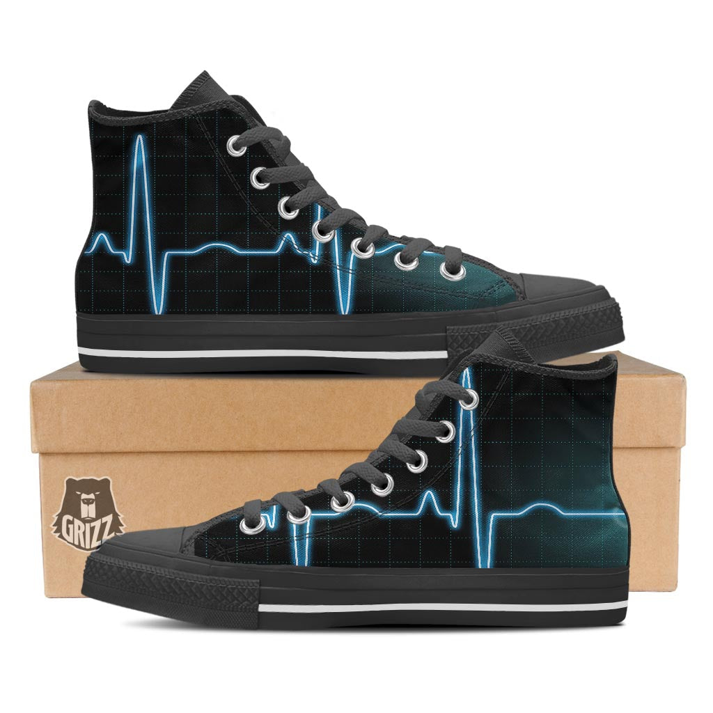 Heartbeat Teal Print Black High Top Shoes-grizzshop