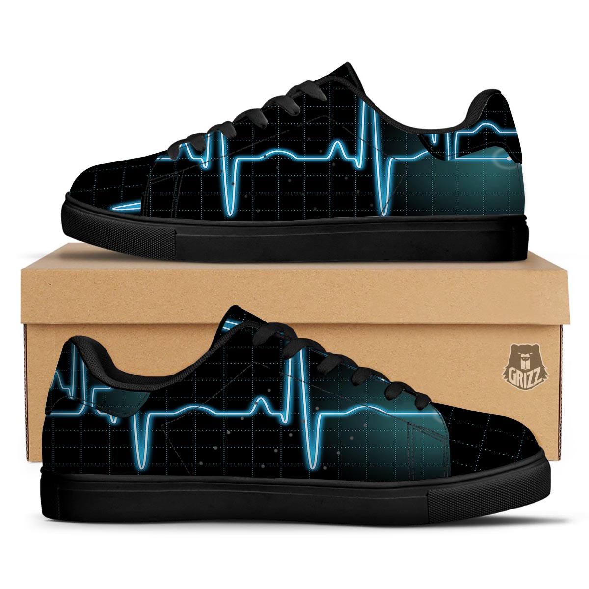Heartbeat Teal Print Black Low Top Sneakers-grizzshop