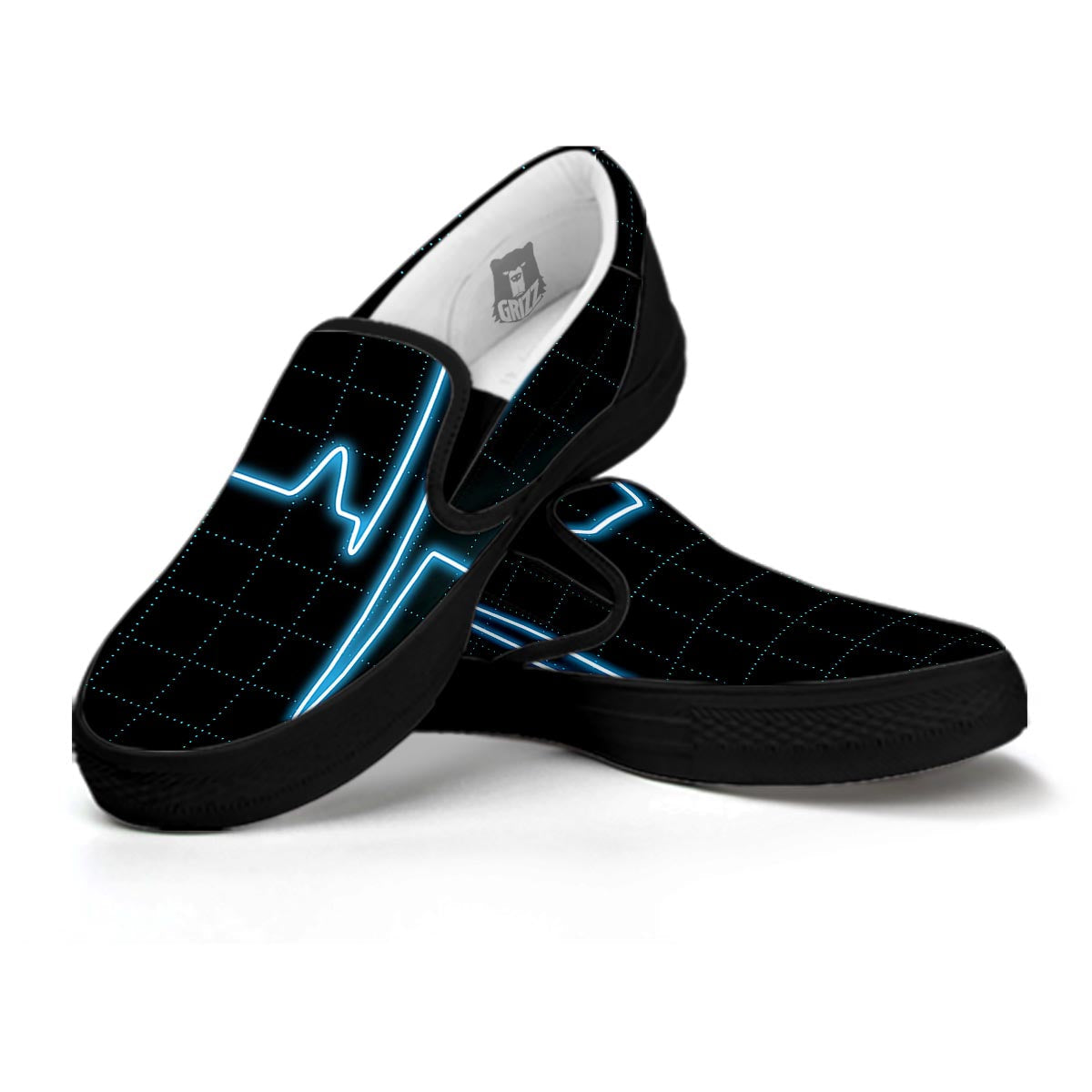 Heartbeat Teal Print Black Slip On Shoes-grizzshop