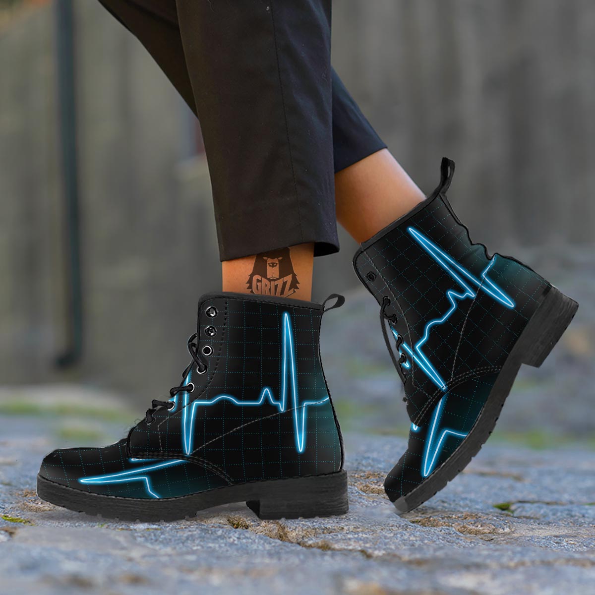 Heartbeat Teal Print Leather Boots-grizzshop