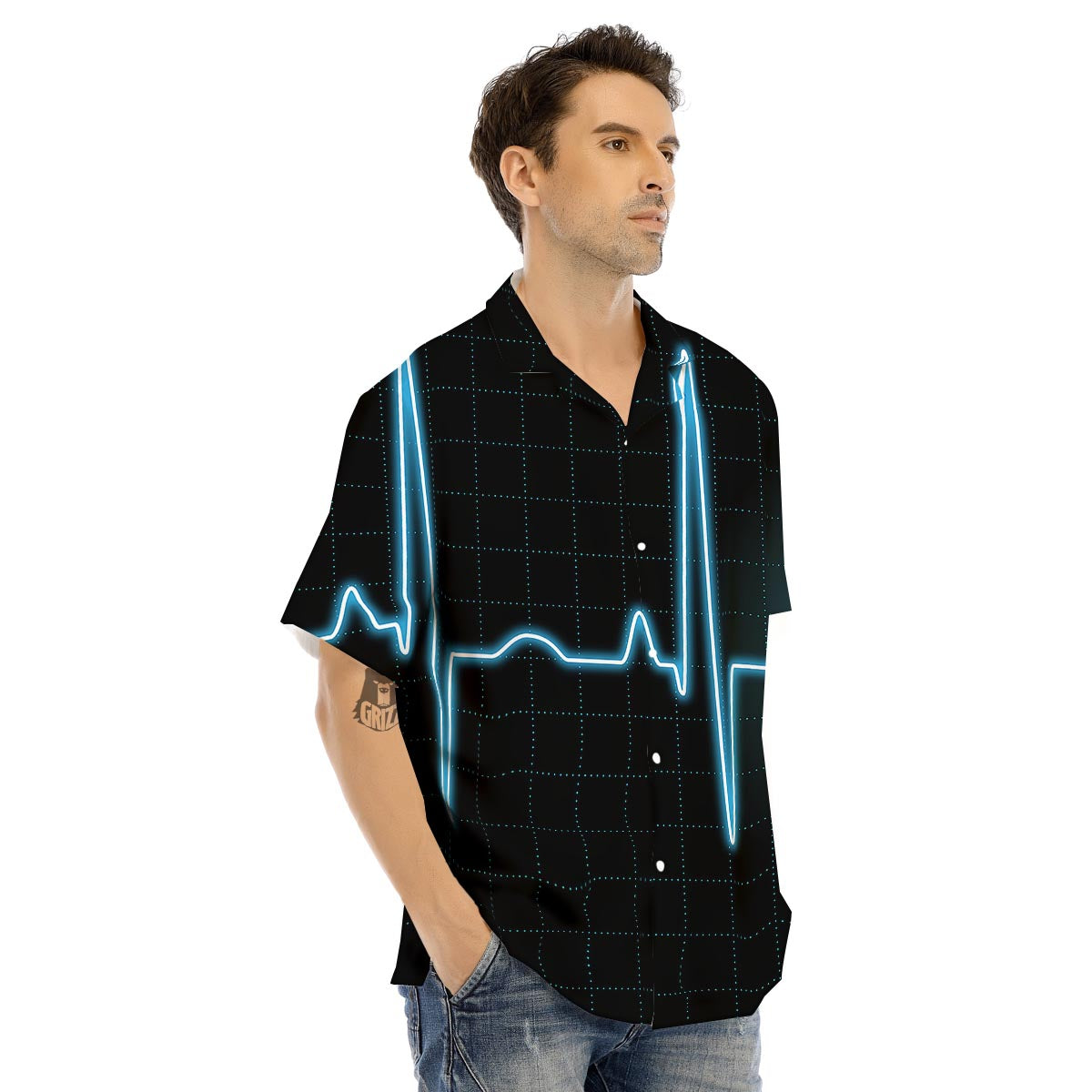 Heartbeat Teal Print Men's Hawaiian Shirt-grizzshop