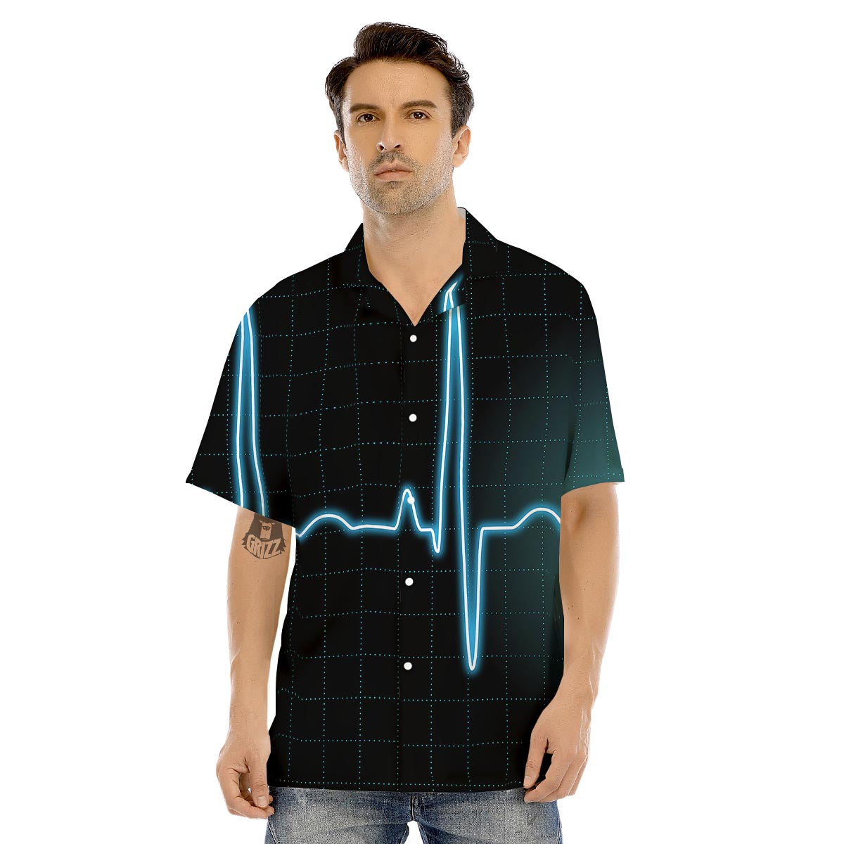 Heartbeat Teal Print Men's Hawaiian Shirt-grizzshop