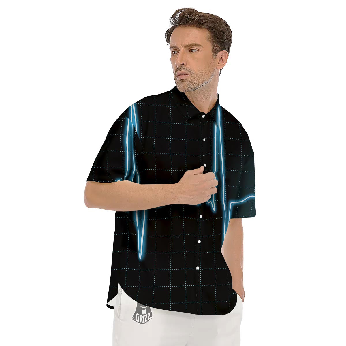 Heartbeat Teal Print Men's Short Sleeve Shirts-grizzshop