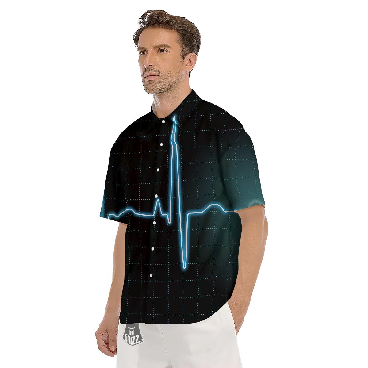 Heartbeat Teal Print Men's Short Sleeve Shirts-grizzshop