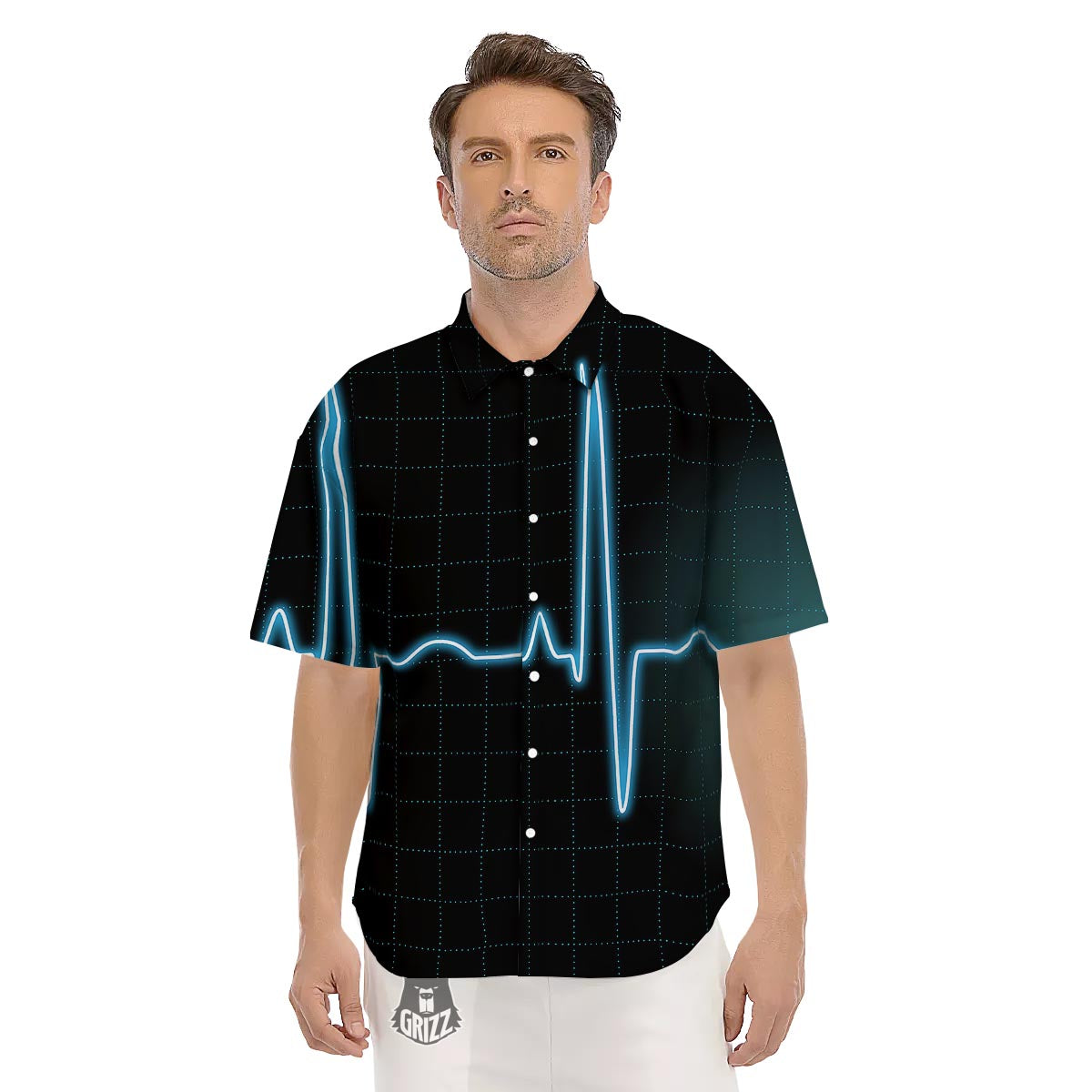 Heartbeat Teal Print Men's Short Sleeve Shirts-grizzshop