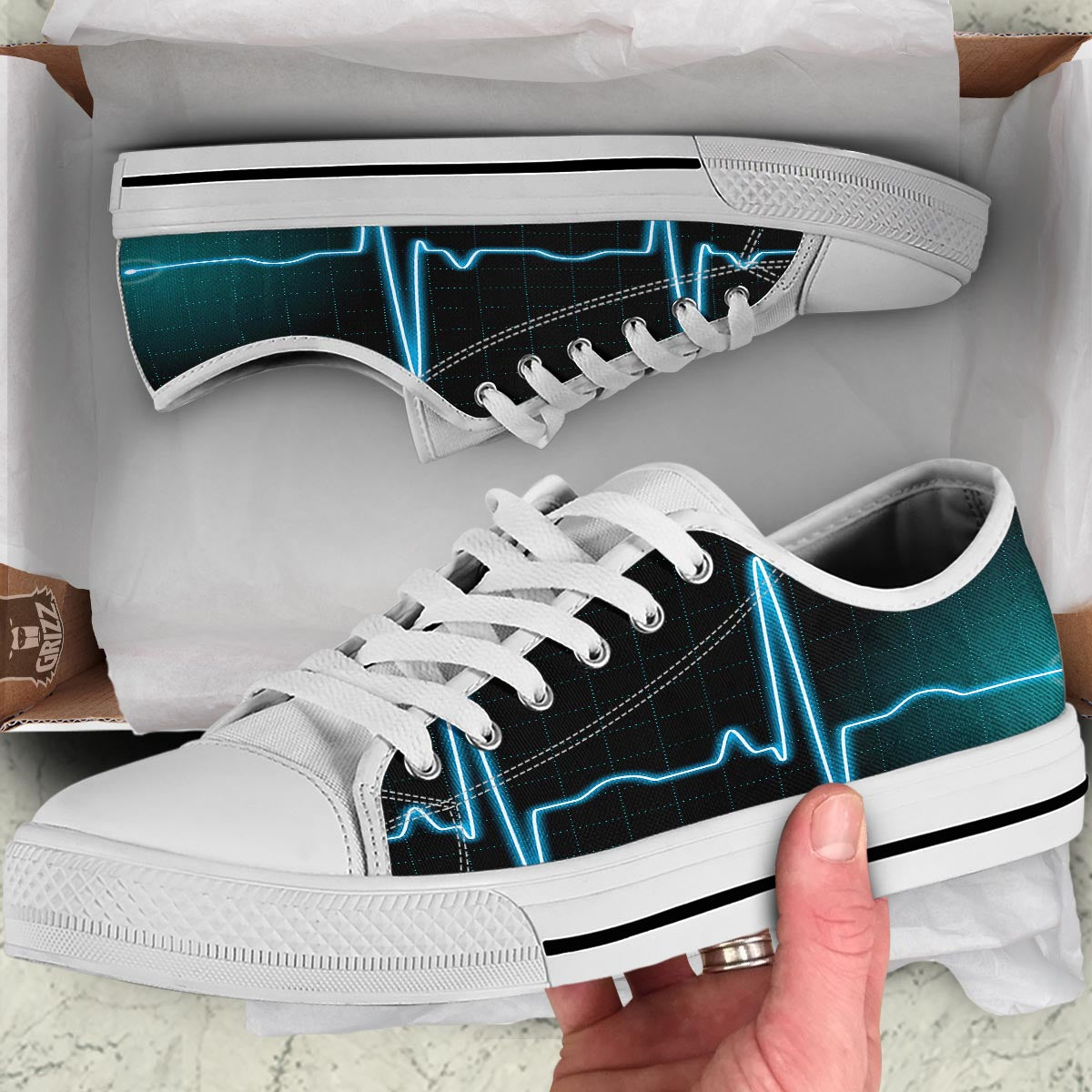 Heartbeat Teal Print White Low Top Shoes-grizzshop
