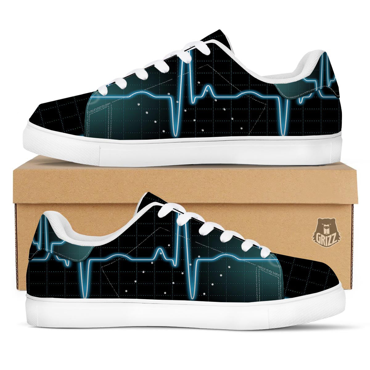Heartbeat Teal Print White Low Top Sneakers-grizzshop