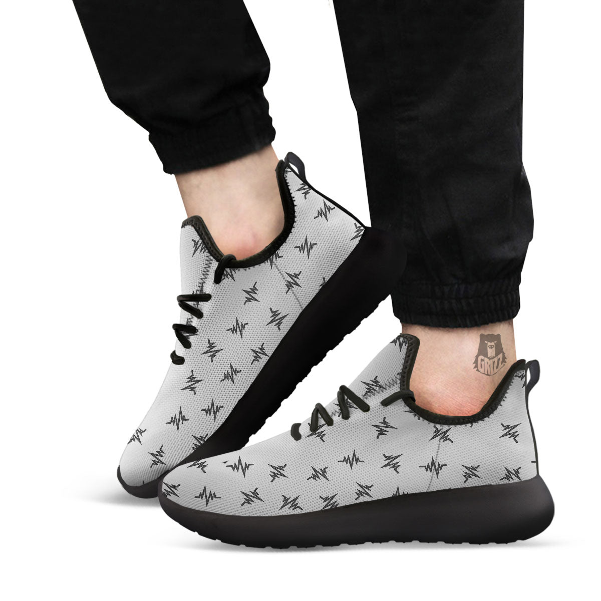 Heartbeat White And Black Print Pattern Black Athletic Shoes-grizzshop