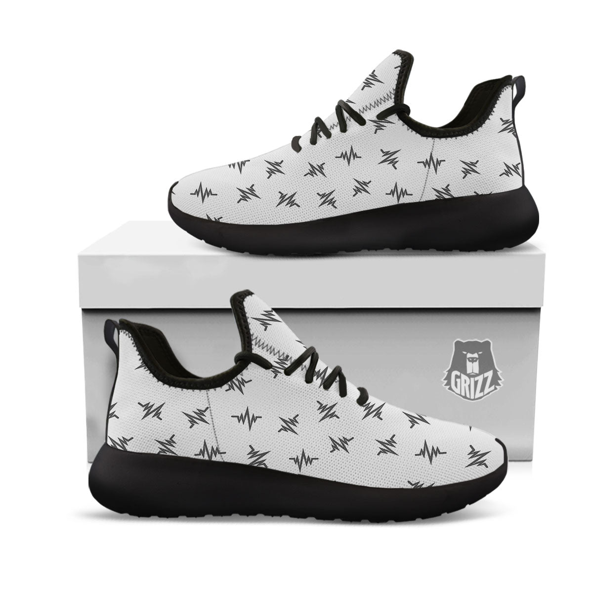 Heartbeat White And Black Print Pattern Black Athletic Shoes-grizzshop