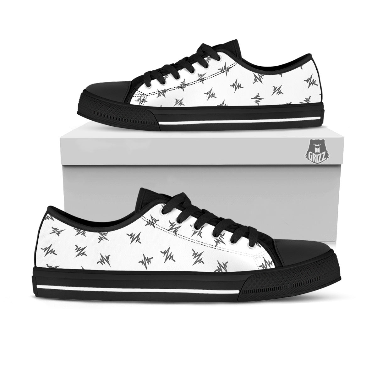 Heartbeat White And Black Print Pattern Black Low Top Shoes-grizzshop
