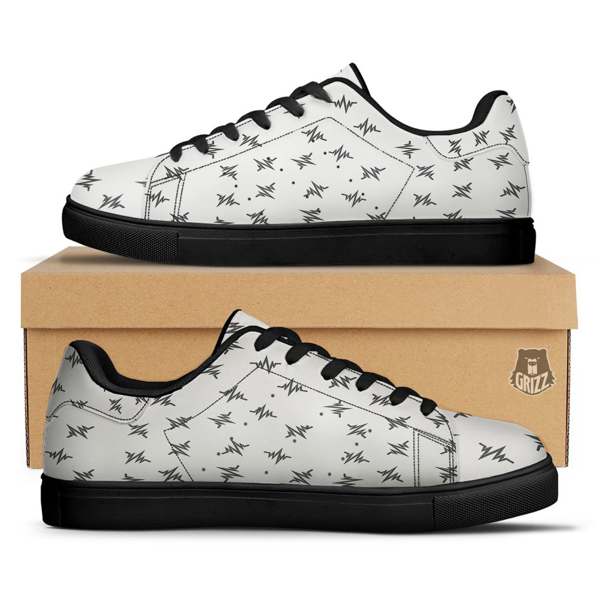 Heartbeat White And Black Print Pattern Black Low Top Sneakers-grizzshop