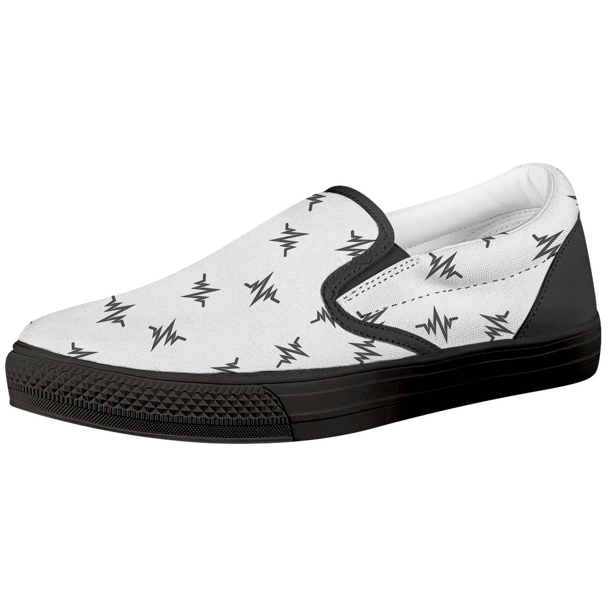 Heartbeat White And Black Print Pattern Black Slip On Shoes-grizzshop