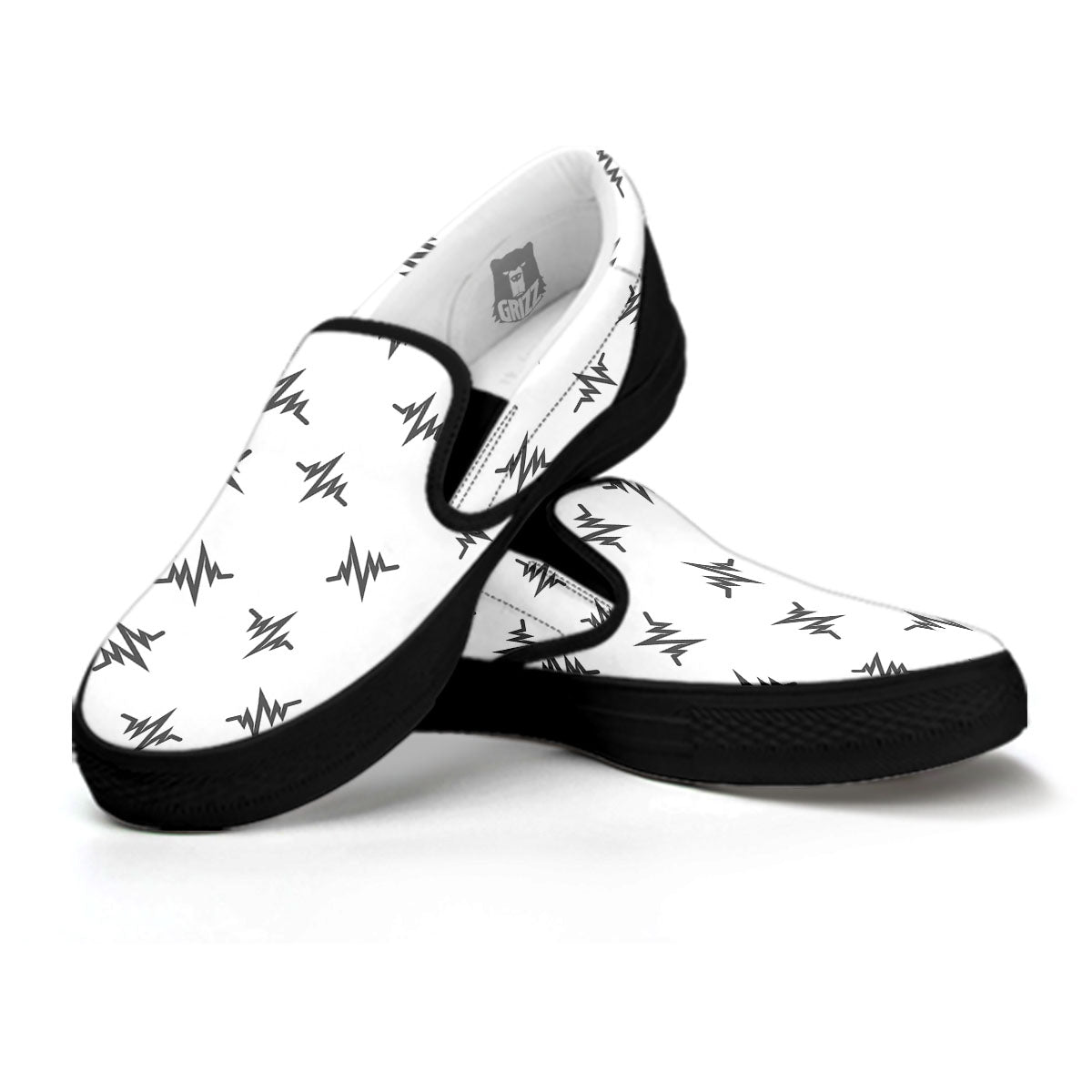 Heartbeat White And Black Print Pattern Black Slip On Shoes-grizzshop