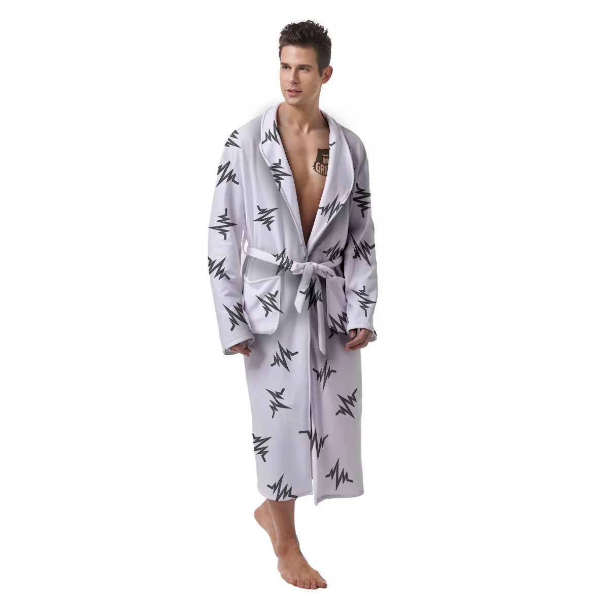 Heartbeat White And Black Print Pattern Men's Robe-grizzshop