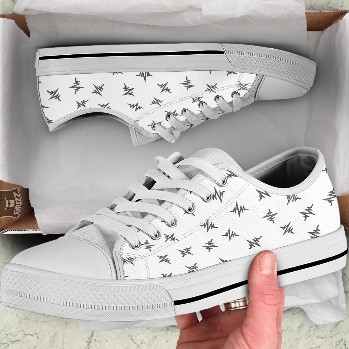 Heartbeat White And Black Print Pattern White Low Top Shoes-grizzshop