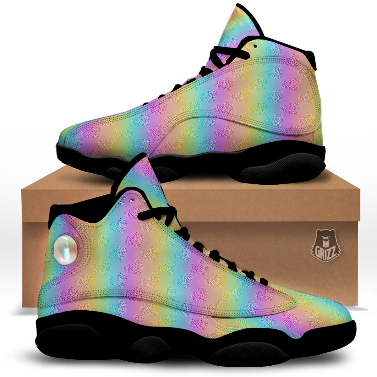 Hearts Rainbow Leopard Print Pattern Black Basketball Shoes-grizzshop