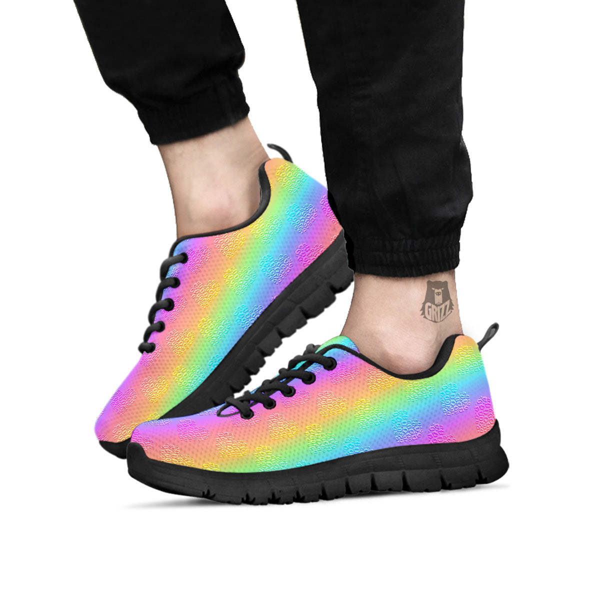 Hearts Rainbow Leopard Print Pattern Black Sneaker-grizzshop