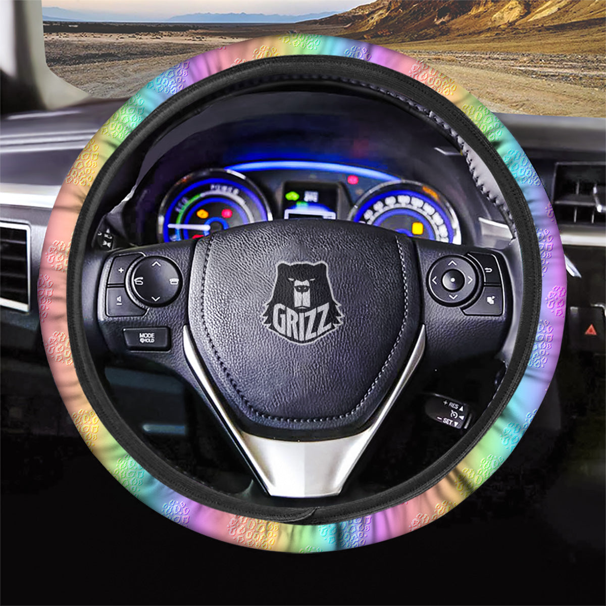 Hearts Rainbow Leopard Print Pattern Car Steering Wheel Cover-grizzshop