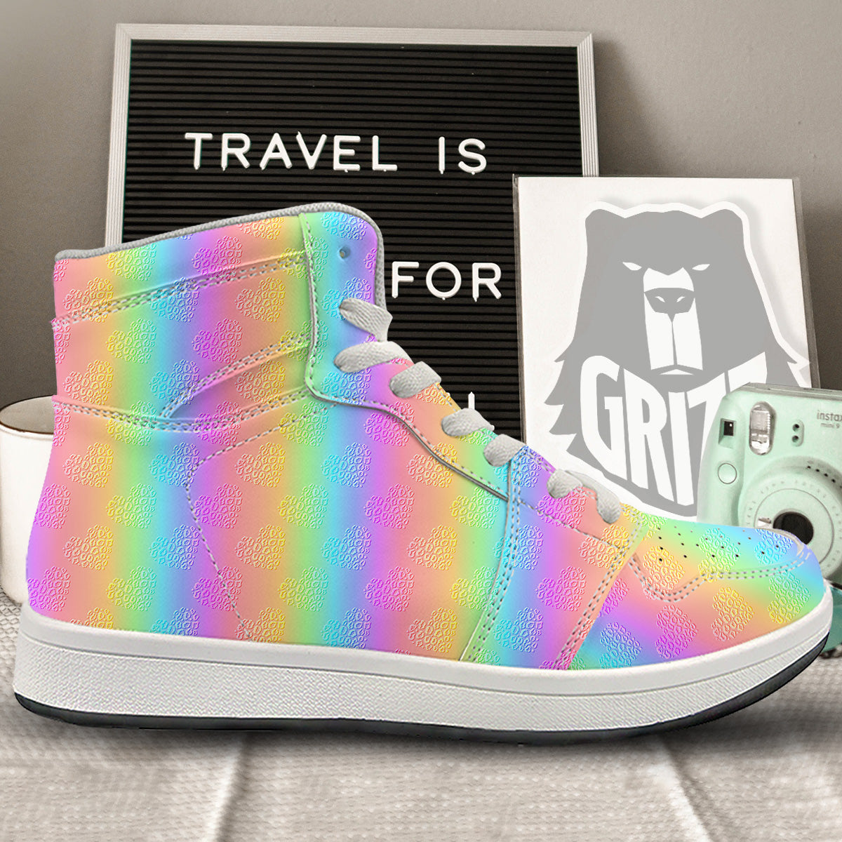Hearts Rainbow Leopard Print Pattern High Top Sneakers-grizzshop