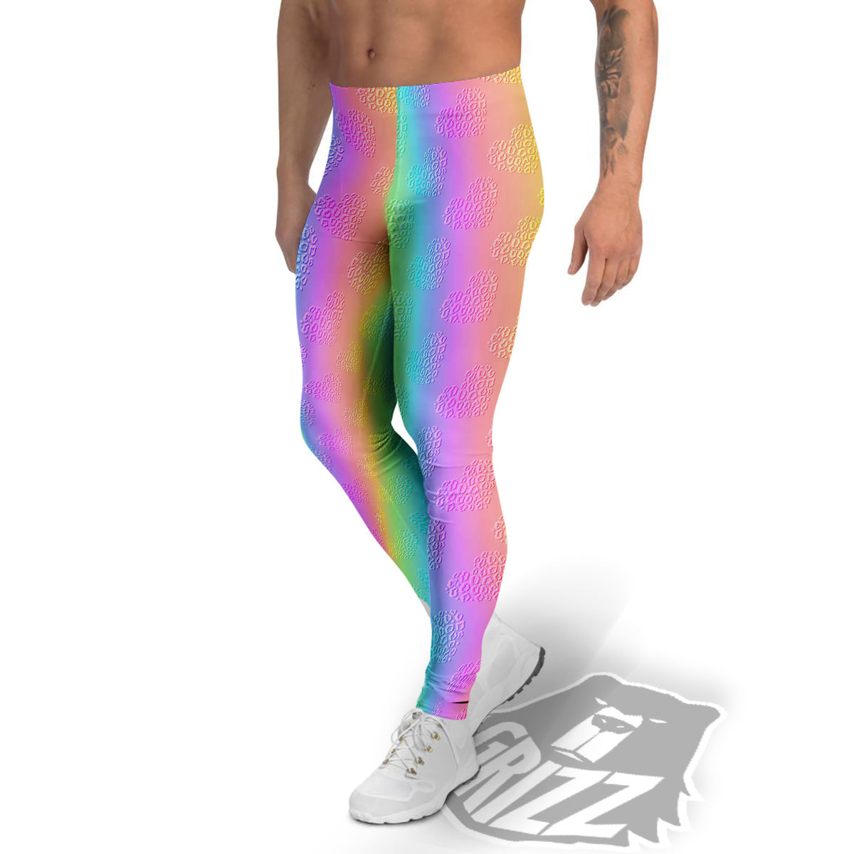 Hearts Rainbow Leopard Print Pattern Men's Leggings-grizzshop