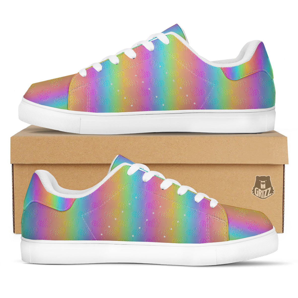 Hearts Rainbow Leopard Print Pattern White Low Top Sneakers-grizzshop