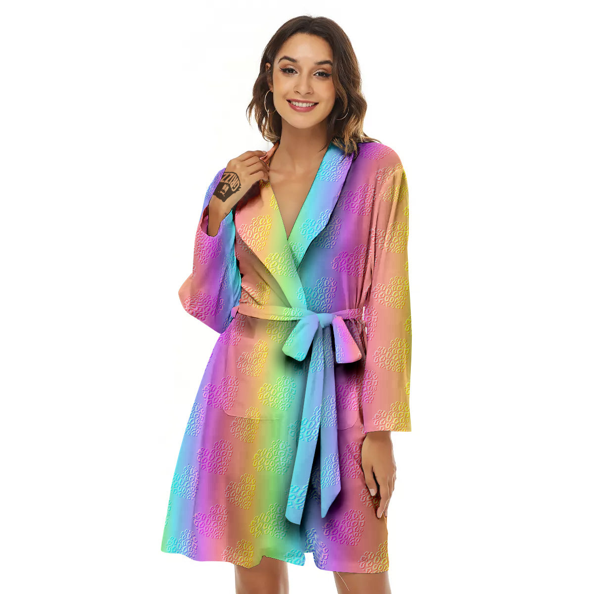 Hearts Rainbow Leopard Print Pattern Women's Robe-grizzshop