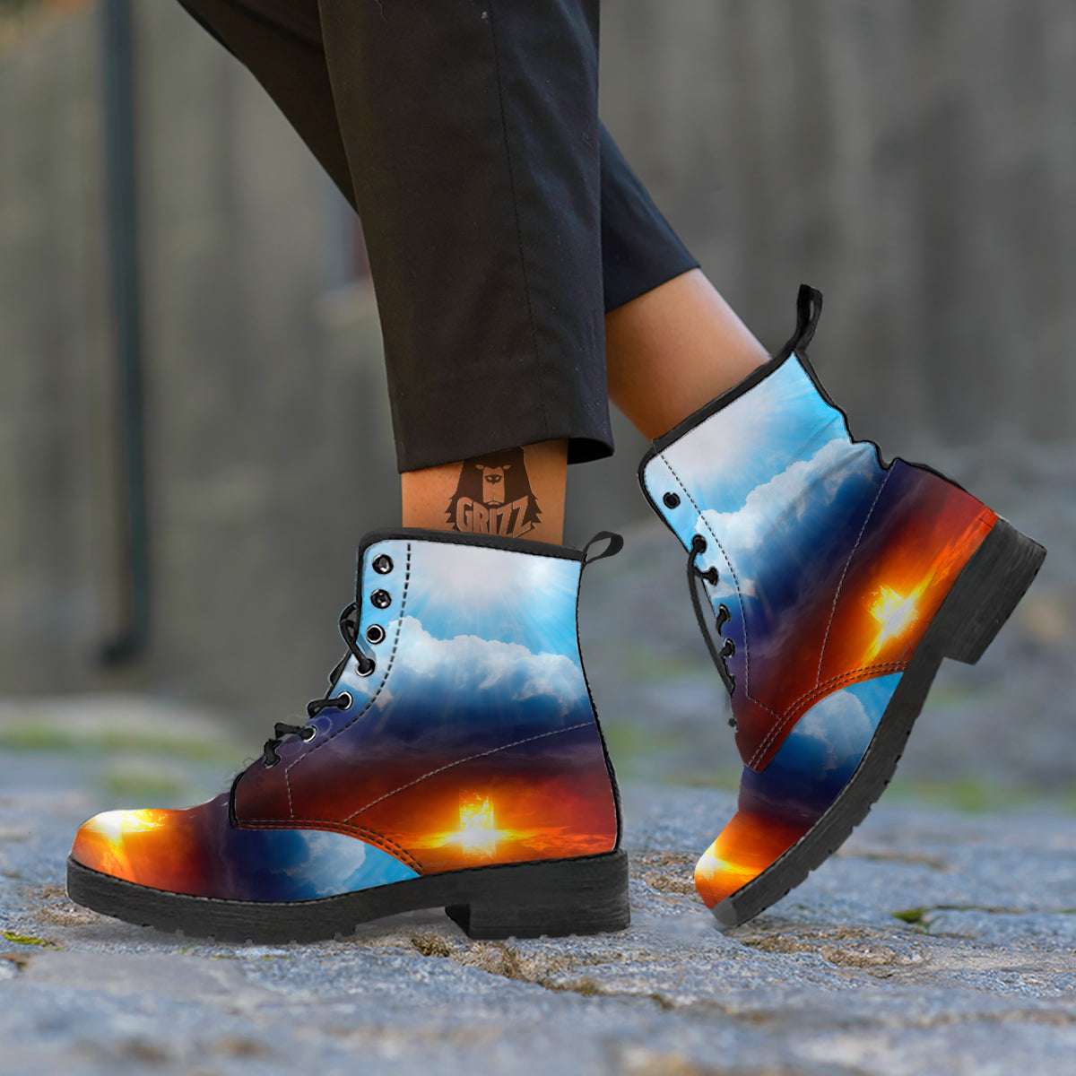 Heaven And Hell Print Leather Boots-grizzshop