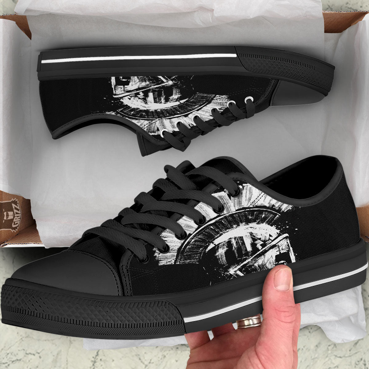 Helmet Ancient Spartan Print Black Low Top Shoes-grizzshop