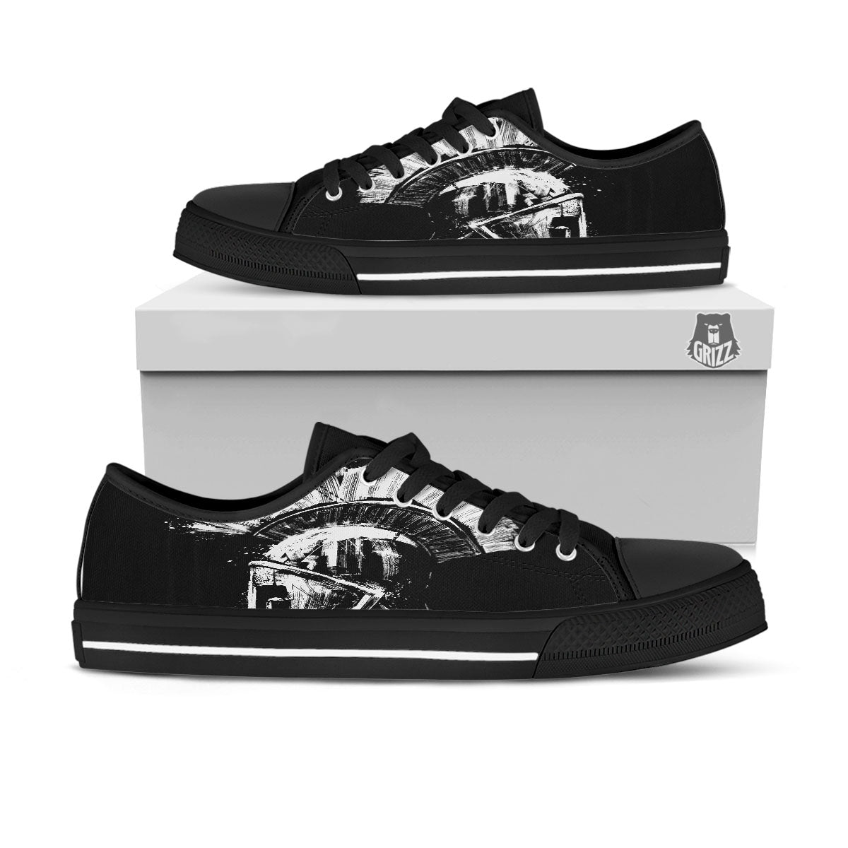 Helmet Ancient Spartan Print Black Low Top Shoes-grizzshop