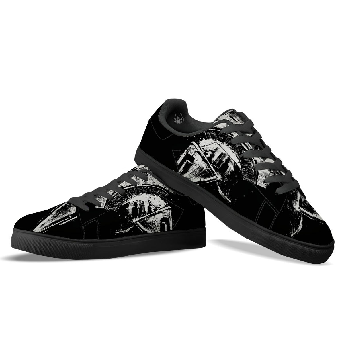 Helmet Ancient Spartan Print Black Low Top Sneakers-grizzshop