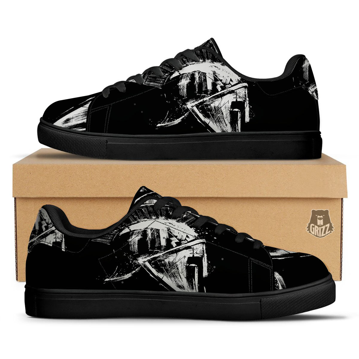 Helmet Ancient Spartan Print Black Low Top Sneakers-grizzshop