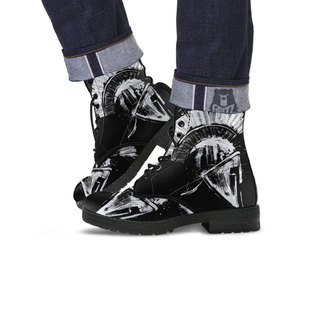 Helmet Ancient Spartan Print Leather Boots-grizzshop