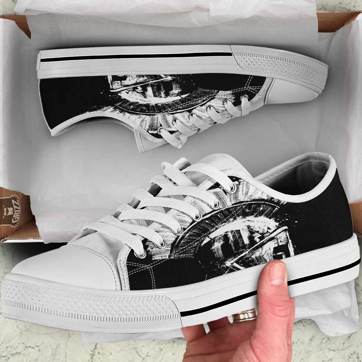 Helmet Ancient Spartan Print White Low Top Shoes-grizzshop