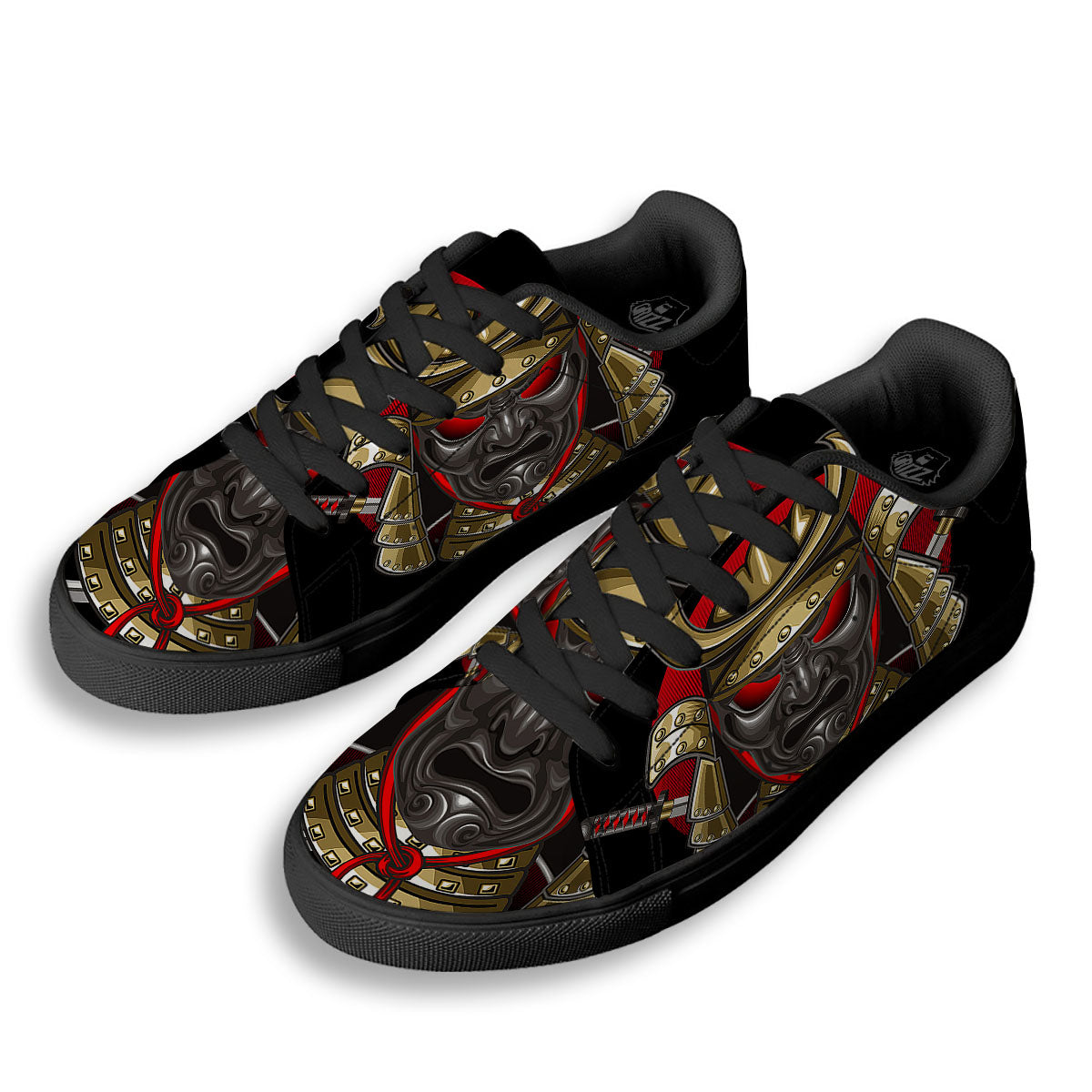 Helmet Japanese Samurai Print Black Low Top Sneakers-grizzshop