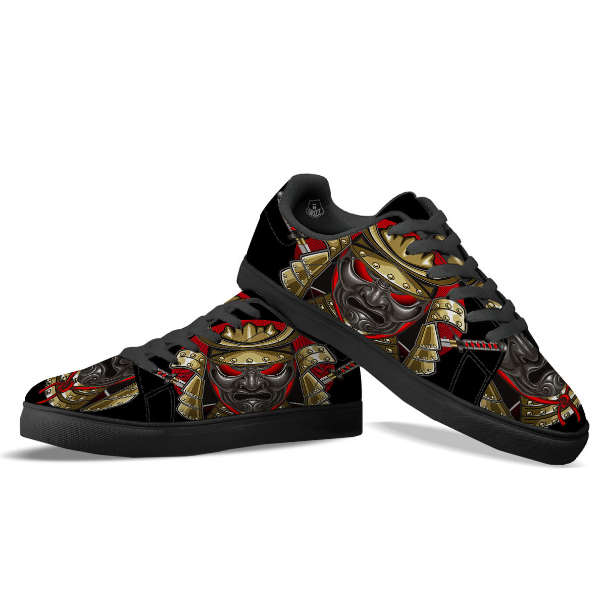 Helmet Japanese Samurai Print Black Low Top Sneakers-grizzshop
