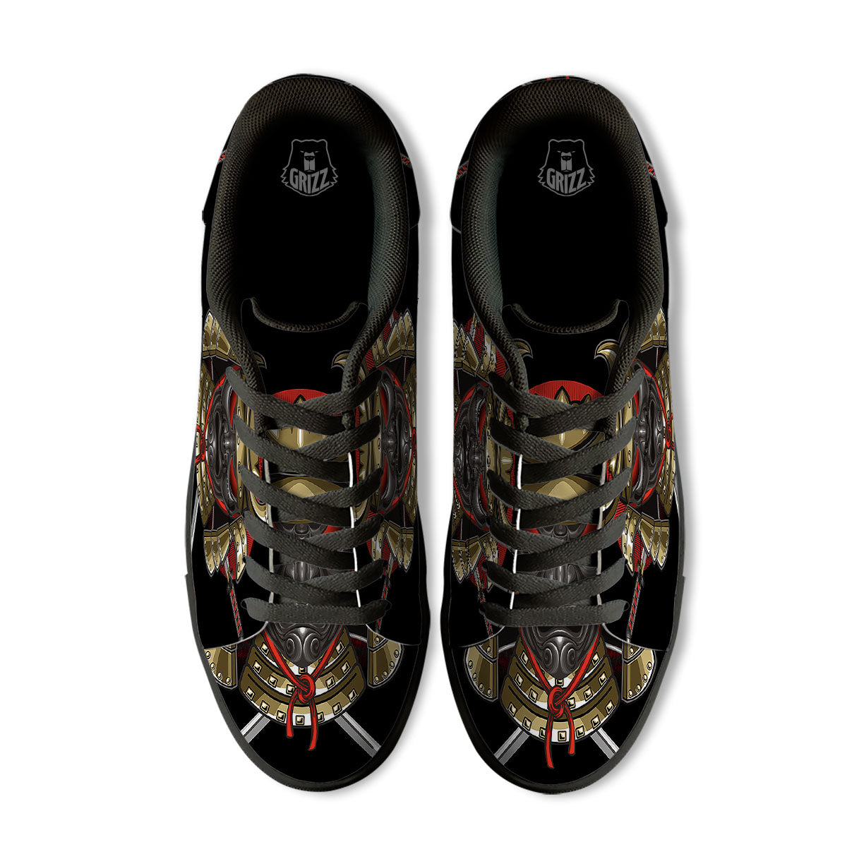 Helmet Japanese Samurai Print Black Low Top Sneakers-grizzshop