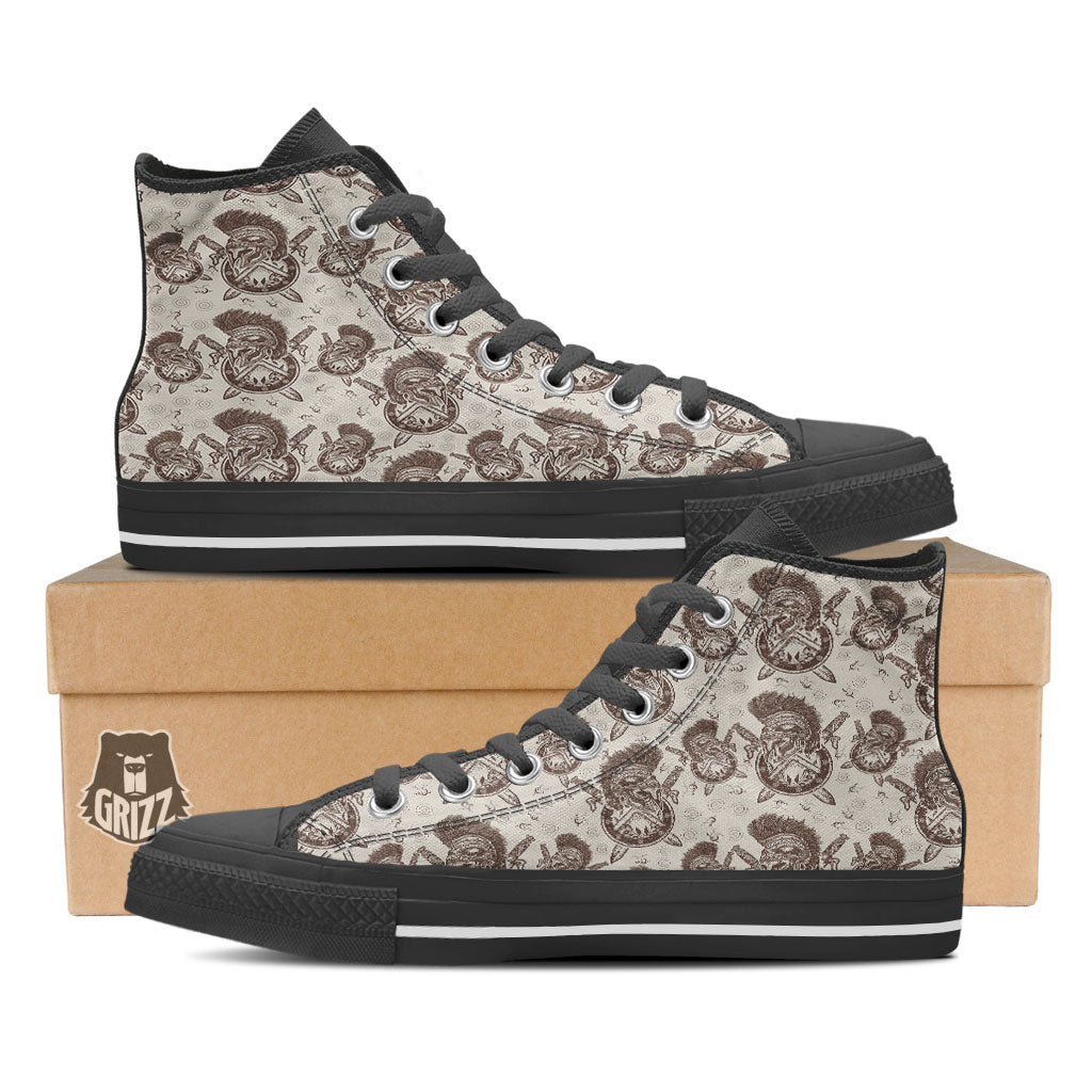Helmet Spartan Warrior Print Pattern Black High Top Shoes-grizzshop
