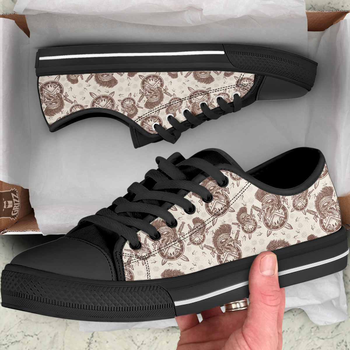 Helmet Spartan Warrior Print Pattern Black Low Top Shoes-grizzshop