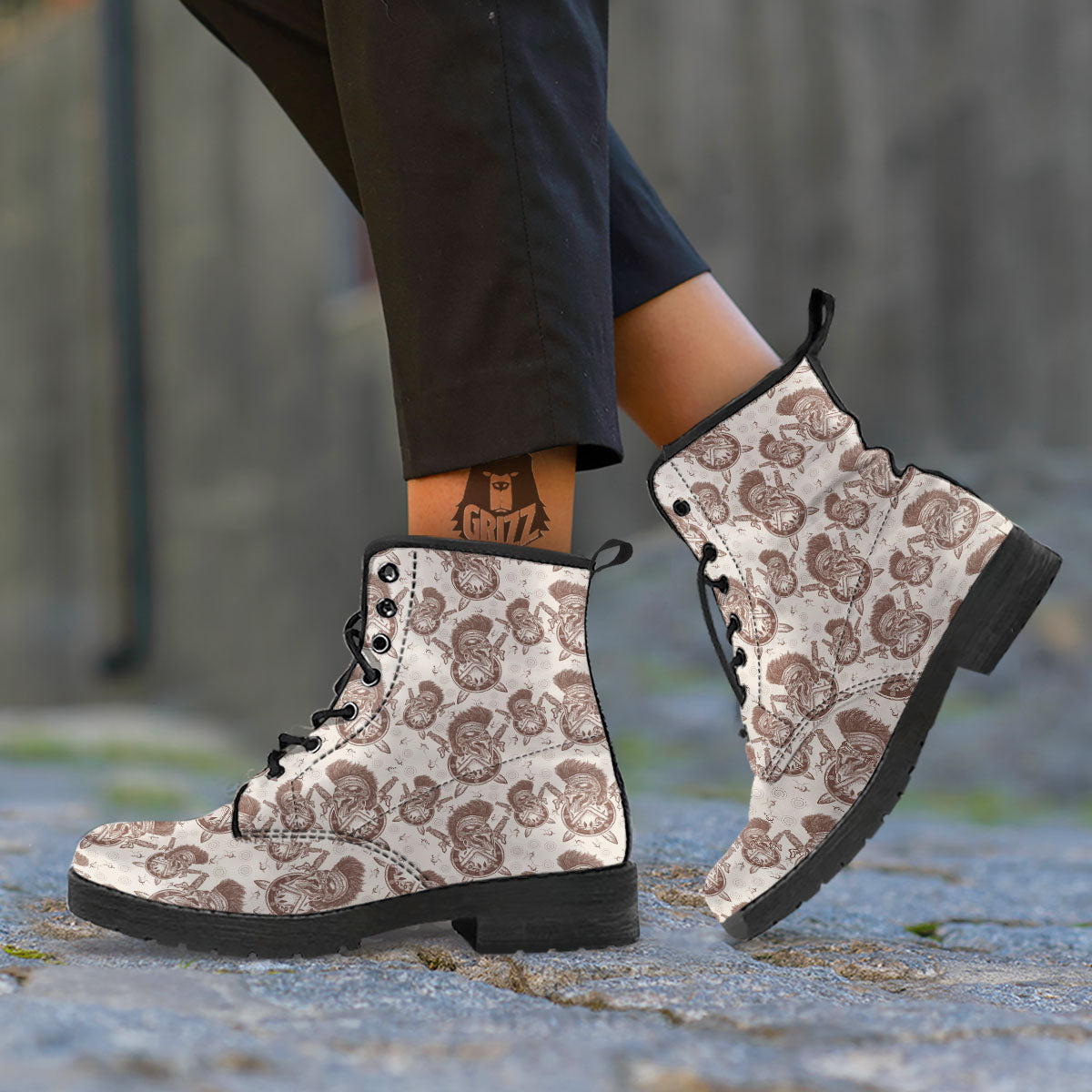 Helmet Spartan Warrior Print Pattern Leather Boots-grizzshop